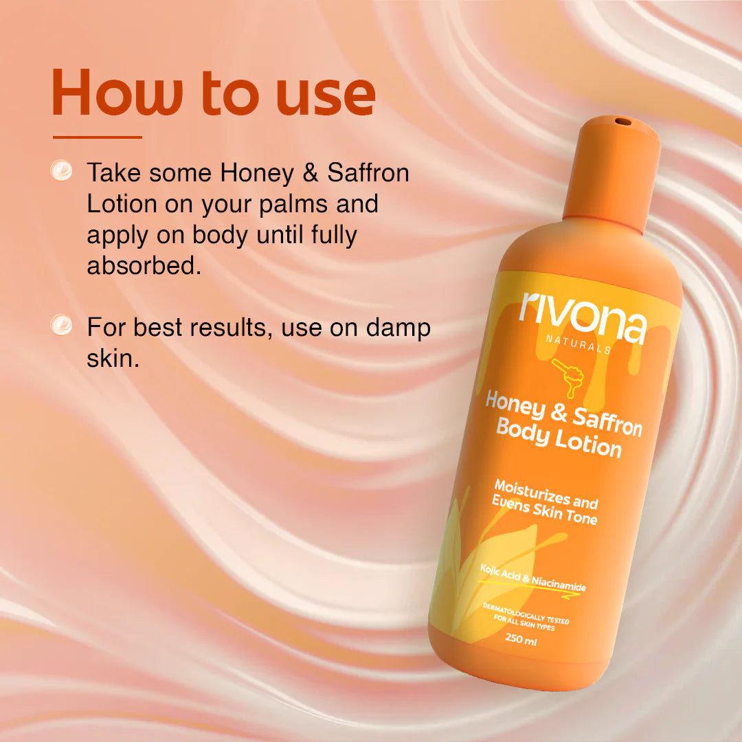 Rivona Naturals Honey & Saffron body Lotion | Enriched with 2% Kojic + Honey & Saffron | Skin Brightening, Moisturizing |100% Vegan|Men & Women |All Skin types|250 ml
