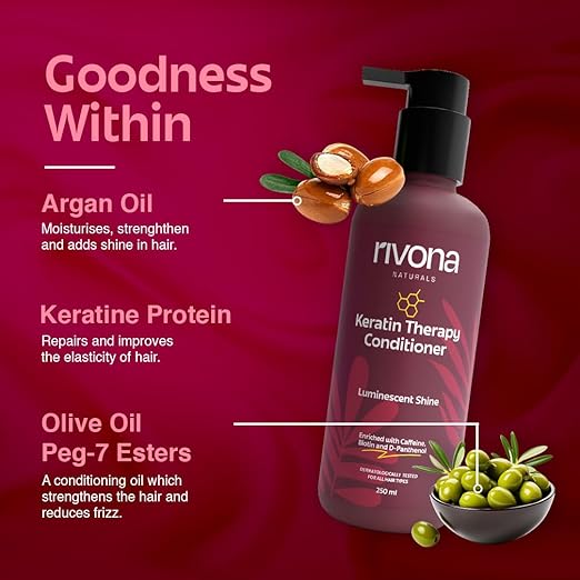 Rivona Naturals Keratin Therapy Conditioner |Nourishes & Controls Frizz with Hydrolyzed Keratin protein & Olive Oil Peg-7 Esters | Men & Women |All hair types| 250 ml