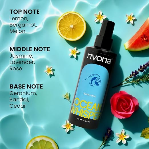 Rivona Ocean Whisper Body Mist | Aquatic & Fresh Long Lasting Body Spray for Women & Men | Lemon, Jasmine & Sandalwood | Unisex Daily Mist | 200ml