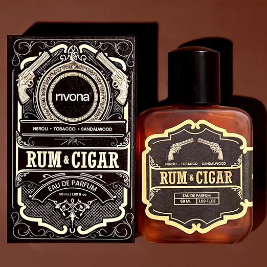 Rivona Rum & Cigar Eau De Parfum for Men 50ml – Long Lasting Strong Woody Tobacco Perfume | Dark Rum, Vanilla & Amber | Bold Evening, Date Night & Luxury Perfume for Men