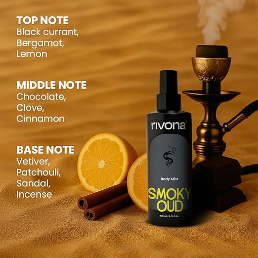 Rivona Smoky Oud Body Mist | Woody & Bold Long Lasting Body Spray for Men & Women | Patchouli, Cinnamon & Incense | Unisex Statement Fragrance | 200ml