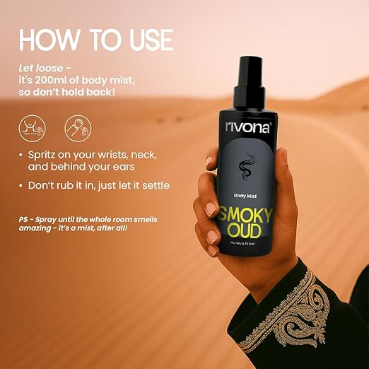 Rivona Smoky Oud Body Mist | Woody & Bold Long Lasting Body Spray for Men & Women | Patchouli, Cinnamon & Incense | Unisex Statement Fragrance | 200ml