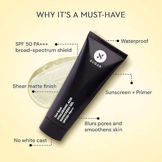 SUGAR Cosmetics Tan Ban Hyaluronic Acid Sunscreen SPF50+ PA+++ Gel