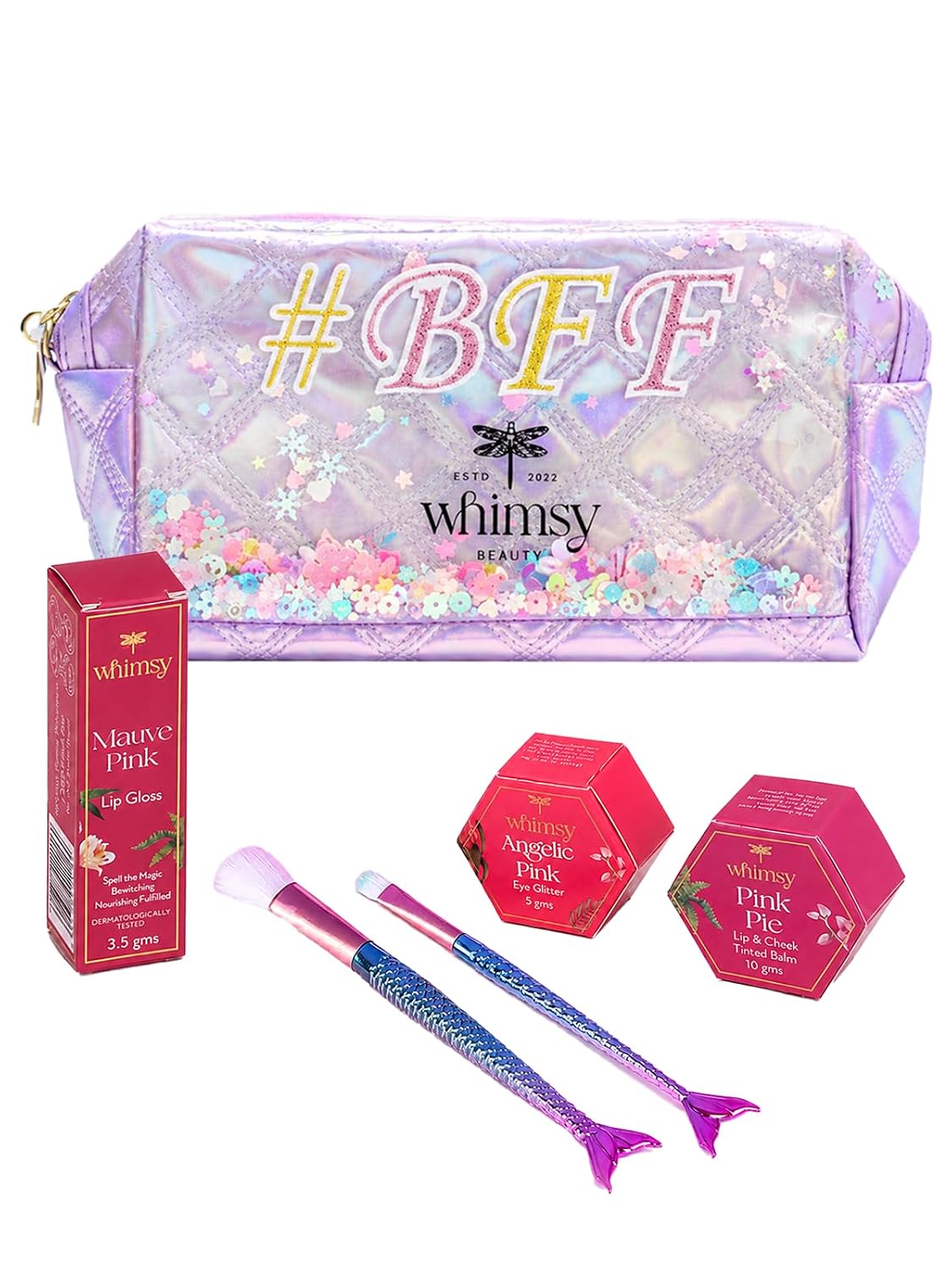 Whimsy Beauty Organic & Safe Makeup Kit | Safe beauty Set for Girls, Preteens & Teens | Eye Glitter, Lip Cheek Tint, Kids Lip Gloss and Mermaid Brushes | Vegan & Cruelty-Free