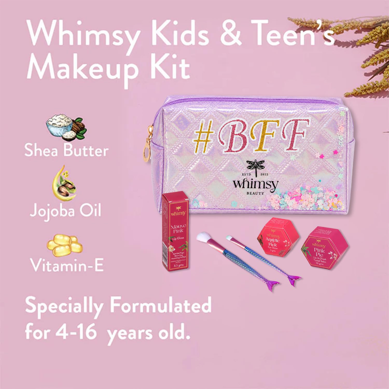 Whimsy Beauty Organic & Safe Makeup Kit | Safe beauty Set for Girls, Preteens & Teens | Eye Glitter, Lip Cheek Tint, Kids Lip Gloss and Mermaid Brushes | Vegan & Cruelty-Free