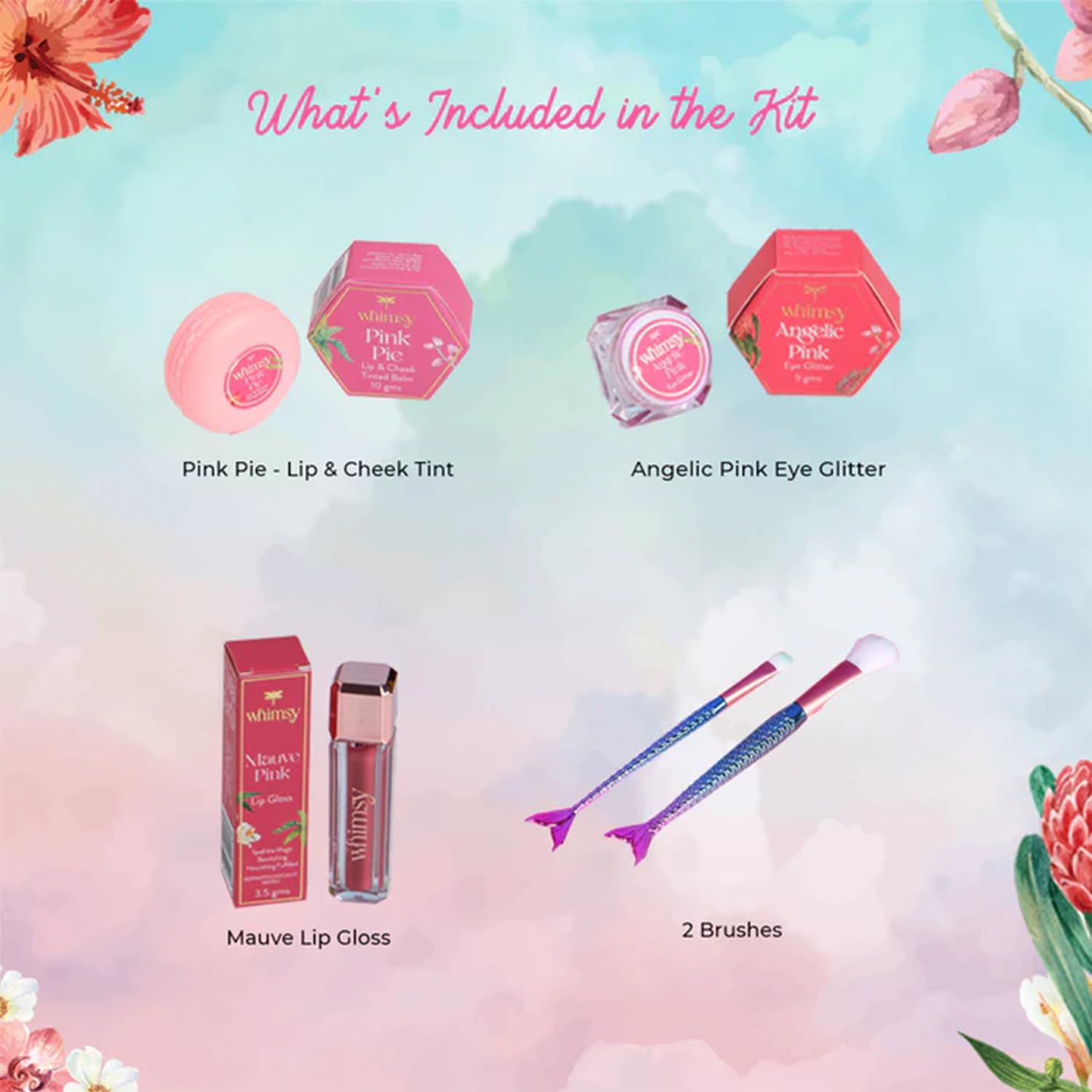 Whimsy Beauty Organic & Safe Makeup Kit | Safe beauty Set for Girls, Preteens & Teens | Eye Glitter, Lip Cheek Tint, Kids Lip Gloss and Mermaid Brushes | Vegan & Cruelty-Free
