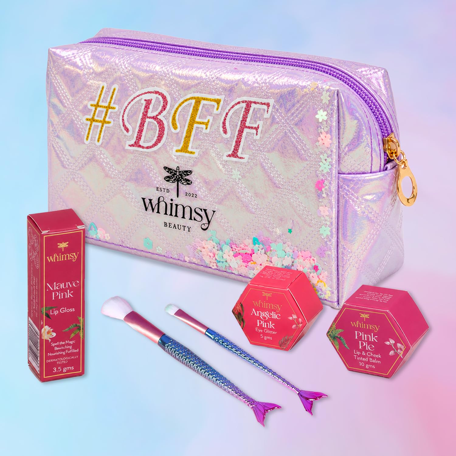 Whimsy Beauty Organic & Safe Makeup Kit | Safe beauty Set for Girls, Preteens & Teens | Eye Glitter, Lip Cheek Tint, Kids Lip Gloss and Mermaid Brushes | Vegan & Cruelty-Free