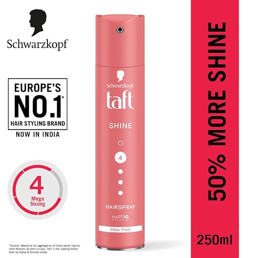 Schwarzkopf TAFT Shine Hair Spray For Shinner Hair With Diamond Luminizer Formula Hold 4, Lasts 24Hr+ Protects From Wind And Humidity, No Stickiness, Easy To Brush Out, For Salon Like Finish - 250Ml