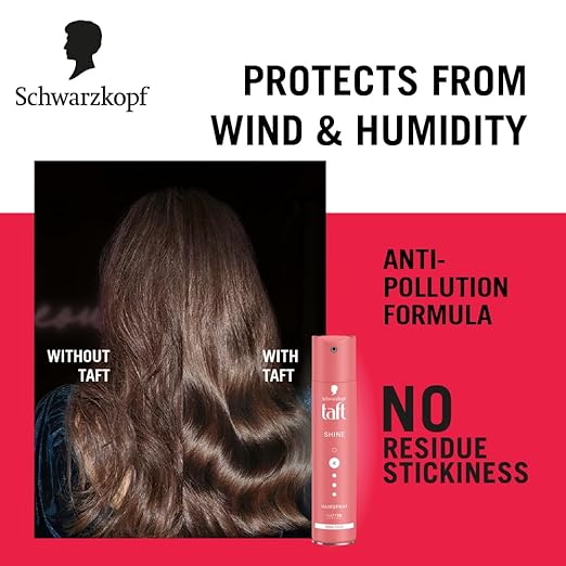 Schwarzkopf TAFT Shine Hair Spray For Shinner Hair With Diamond Luminizer Formula Hold 4, Lasts 24Hr+ Protects From Wind And Humidity, No Stickiness, Easy To Brush Out, For Salon Like Finish - 250Ml
