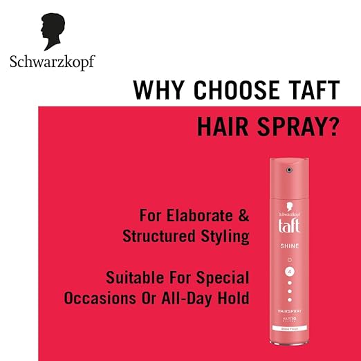 Schwarzkopf TAFT Shine Hair Spray For Shinner Hair With Diamond Luminizer Formula Hold 4, Lasts 24Hr+ Protects From Wind And Humidity, No Stickiness, Easy To Brush Out, For Salon Like Finish - 250Ml