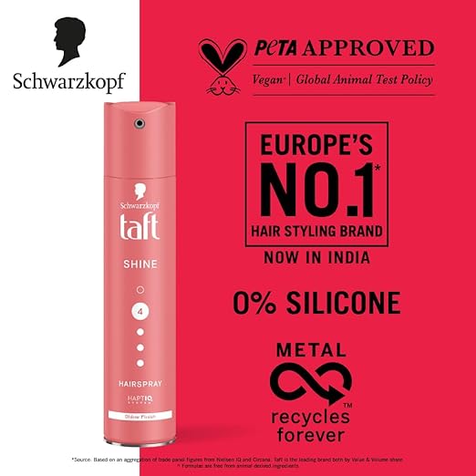 Schwarzkopf TAFT Shine Hair Spray For Shinner Hair With Diamond Luminizer Formula Hold 4, Lasts 24Hr+ Protects From Wind And Humidity, No Stickiness, Easy To Brush Out, For Salon Like Finish - 250Ml
