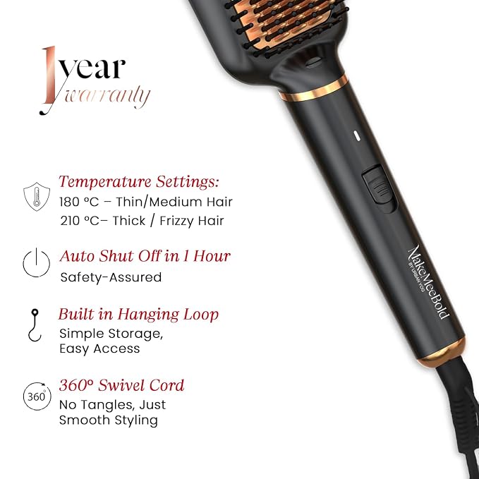 Makemeebold Hair Straightener for Women | Frizz Free Hair Straightening Brush | Ceramic Ionic Straightener Comb | PTC 30-Sec Heat-Up | 2 Heat Settings