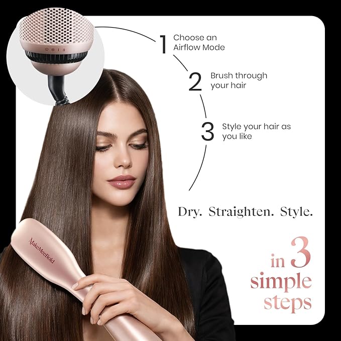 MakeMeeBold Air Straightening Dryer | Hair Straightener for Woman | Dry, Straighten, Detangle in Mins | Ceramic Coated Bristles | Styles Without Heat Damage | Scalp Protect | Reduces Frizz & Adds Shine | 3 Airflow Modes