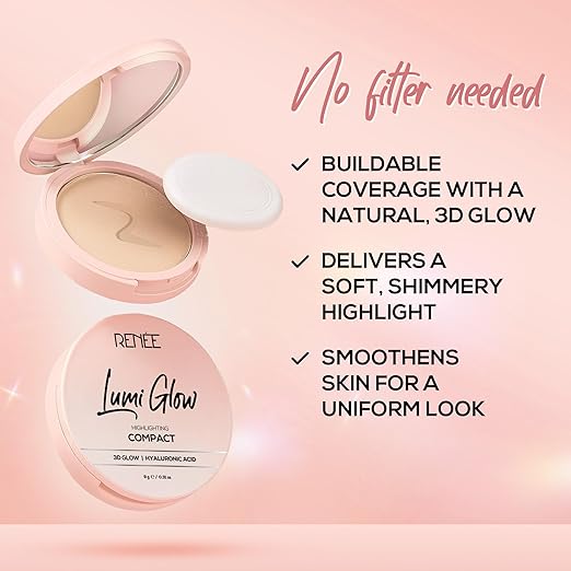 RENEE Lumi Glow Highlighting Compact- Velvet Vanilla | 3D Glow, Buildable Coverage, Dewy Finish | Evens Skin Tone | With Hyaluronic Acid & Vitamin E| 9g