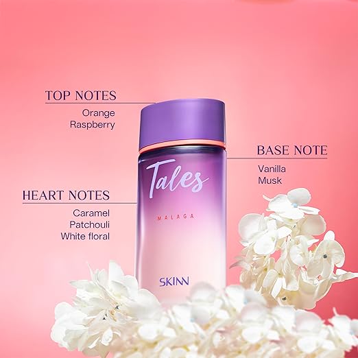 Skinn By Titan | Tales Malaga Perfume - 100 Ml | Perfume For Woman | Gift for Women | Premium Fragrance | Grooming Essentials | Long Lasting Smell for Women | Fresh & Vanilla | Eau De Parfum
