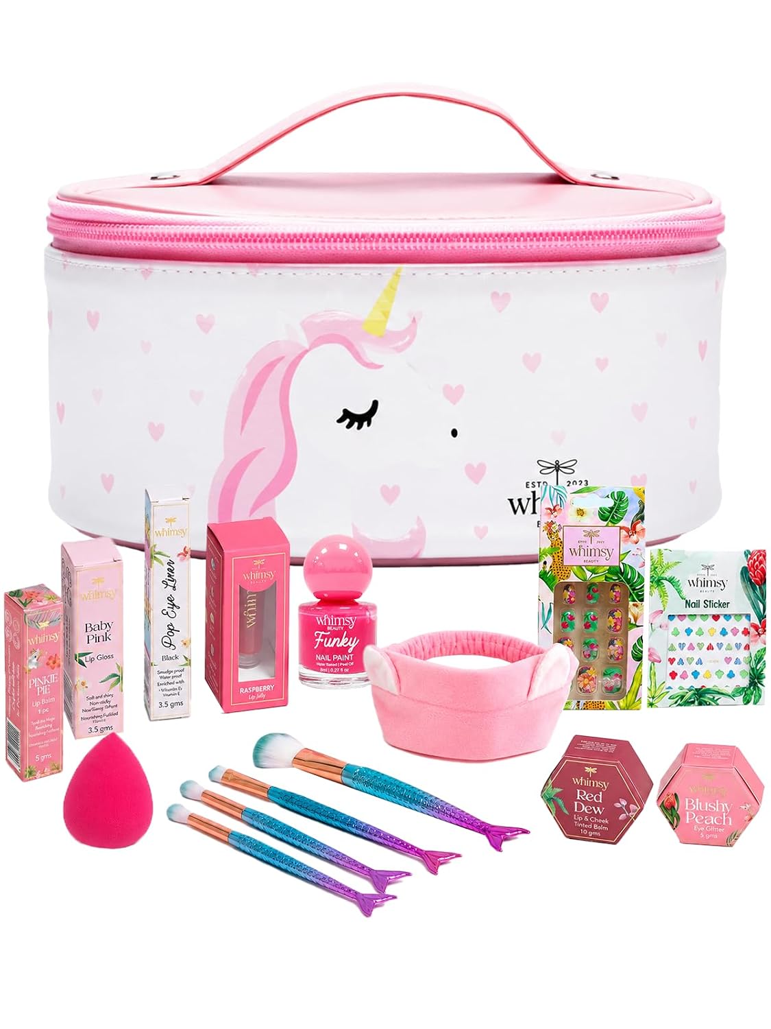 Whimsy Beauty Organic & Safe Unicorn Travel Makeup Kit | Safe, Non-Toxic Beauty Set for Girls, Preteens & Teens | Lip Balm, Lip & Cheek Tint, Lip Gloss, Eye Glitter, Nail Polish & Brushes