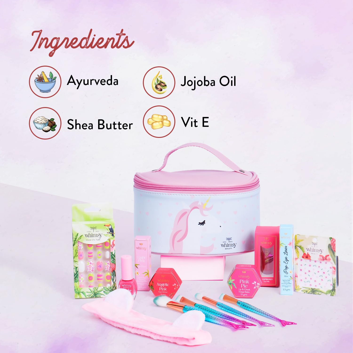 Whimsy Beauty Organic & Safe Unicorn Travel Makeup Kit | Safe, Non-Toxic Beauty Set for Girls, Preteens & Teens | Lip Balm, Lip & Cheek Tint, Lip Gloss, Eye Glitter, Nail Polish & Brushes