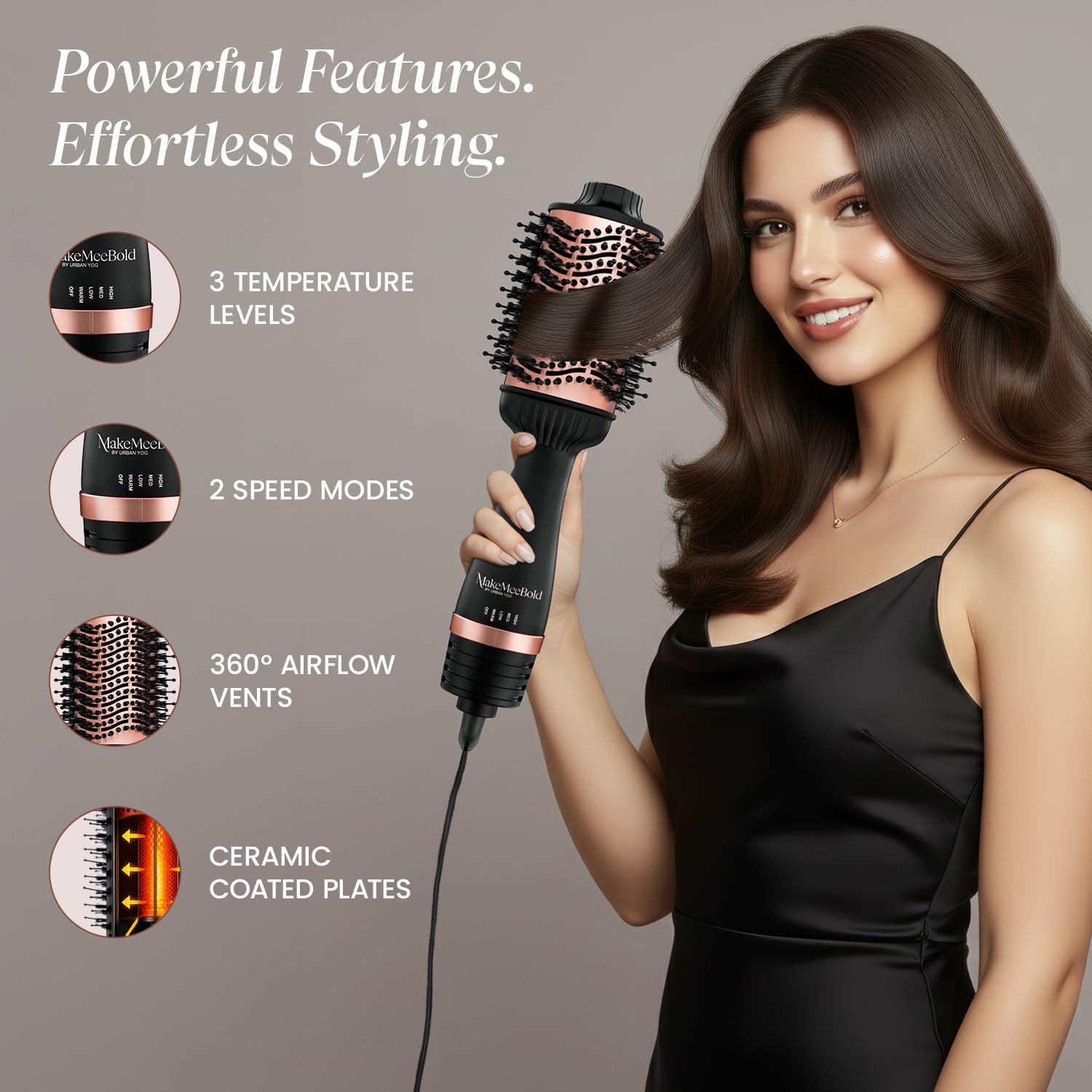 Urban Yog MakeMeeBold Hot Air Brush | 2-in-1 Hair Dryer & Straightener with 3 Temp & 2 Speed Settings, 360° Airflow Vents, PTC Fast Heating, Ceramic Plates, Auto Shut-Off | Gifts for woman