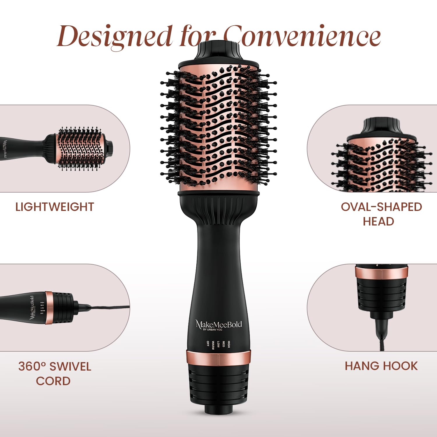 Urban Yog MakeMeeBold Hot Air Brush | 2-in-1 Hair Dryer & Straightener with 3 Temp & 2 Speed Settings, 360° Airflow Vents, PTC Fast Heating, Ceramic Plates, Auto Shut-Off | Gifts for woman