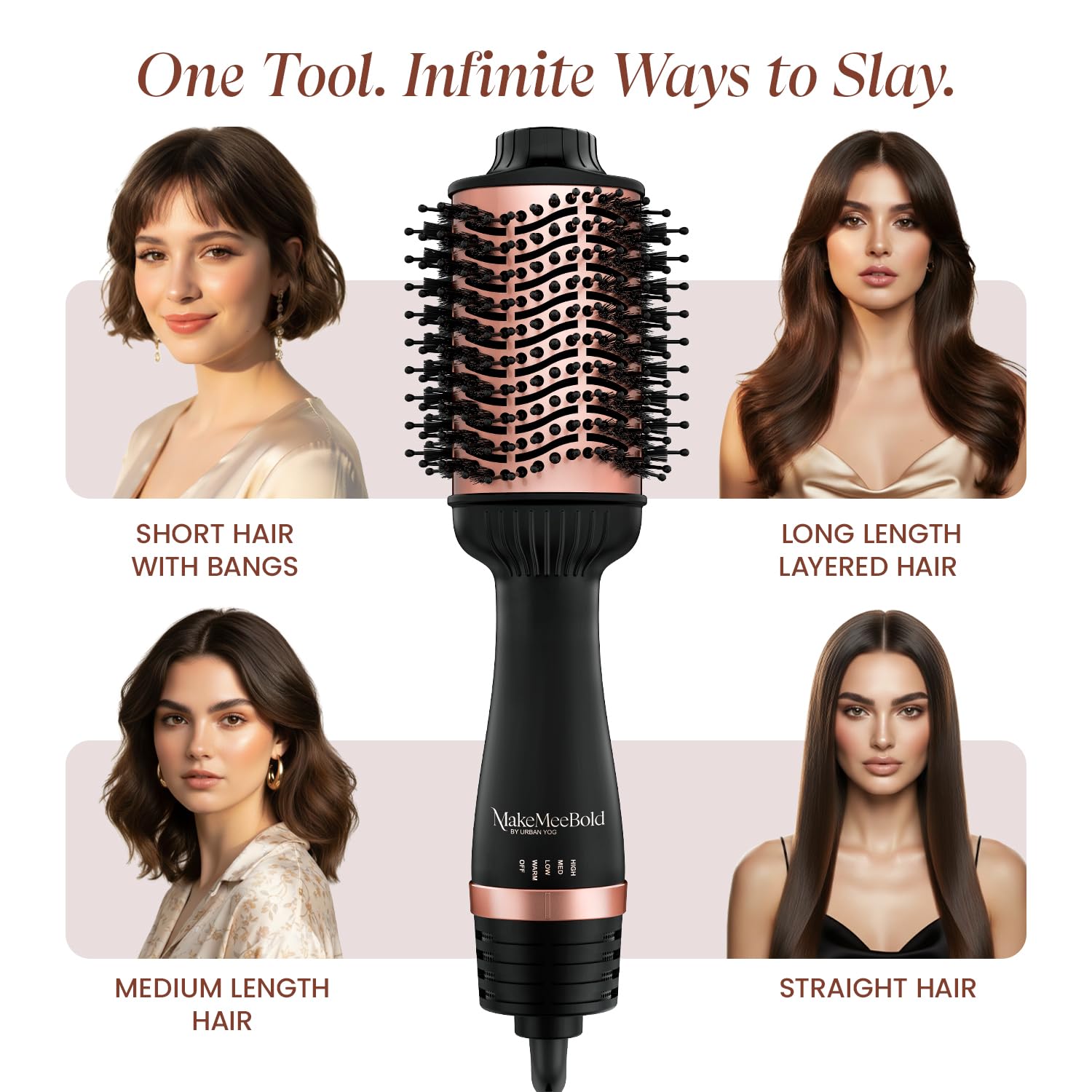 Urban Yog MakeMeeBold Hot Air Brush | 2-in-1 Hair Dryer & Straightener with 3 Temp & 2 Speed Settings, 360° Airflow Vents, PTC Fast Heating, Ceramic Plates, Auto Shut-Off | Gifts for woman