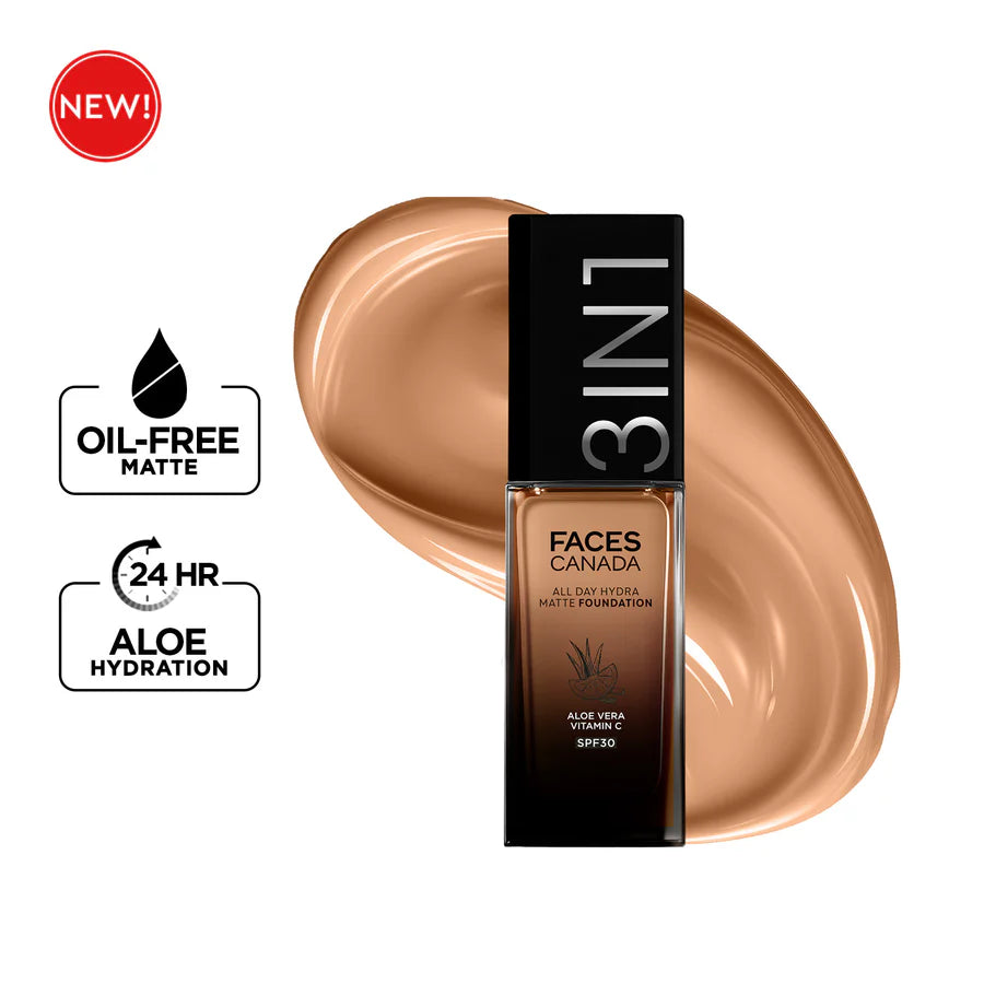 FACES CANADA All Day Hydra Matte Foundation | 3-in-1 Foundation + Moisturizer + SPF 30 | 24 HR Aloe Hydration & Vitamin C | 10HR Long Wear | Medium to High Buildable Coverage