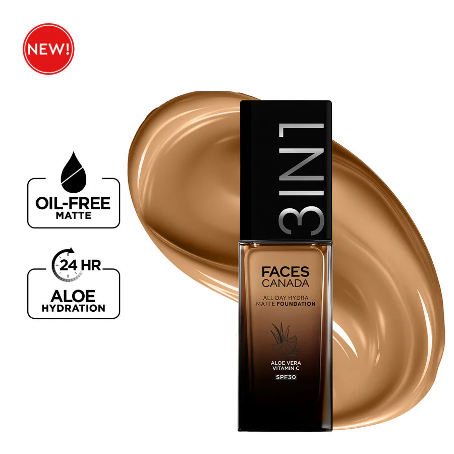 FACES CANADA All Day Hydra Matte Foundation | 3-in-1 Foundation + Moisturizer + SPF 30 | 24 HR Aloe Hydration & Vitamin C | 10HR Long Wear | Medium to High Buildable Coverage
