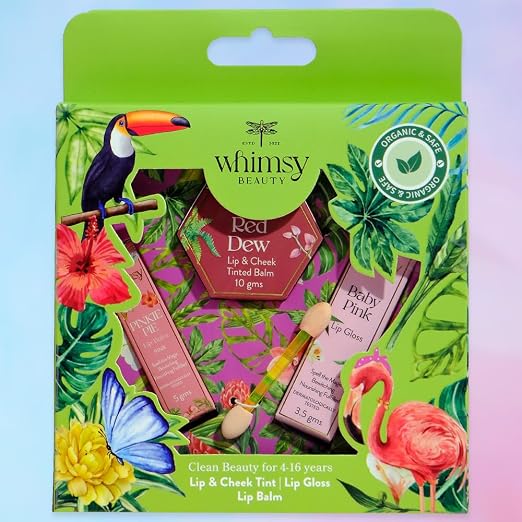 Whimsy Beauty Kids Makeup Kit for Girls | Lip Balm, Lip Gloss & Lip and Cheek Tint Set | Non-Toxic Pretend Play Makeup Kit for Kids & Pre-Teens | Vegan & Cruelty-Free