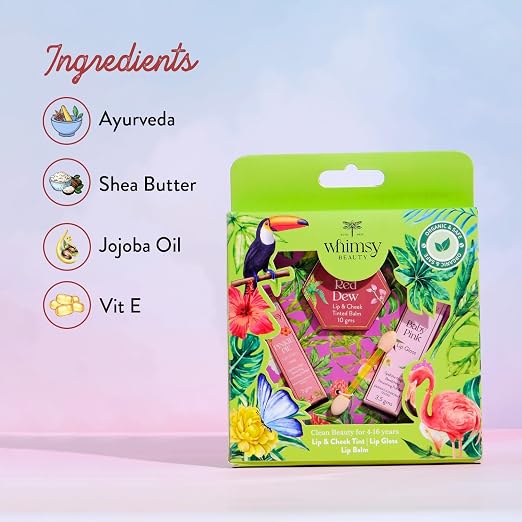 Whimsy Beauty Kids Makeup Kit for Girls | Lip Balm, Lip Gloss & Lip and Cheek Tint Set | Non-Toxic Pretend Play Makeup Kit for Kids & Pre-Teens | Vegan & Cruelty-Free