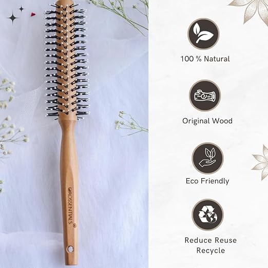 Wooden hair brush for Women & Men Boar Bristle Wooden Paddle hair brush for men women Curly hair Nylon brush for hair growth with flat paddle brush (Nylone Bristles Round, Brown)