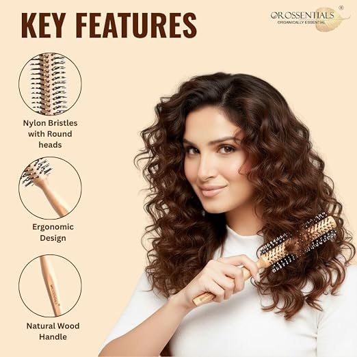 Wooden hair brush for Women & Men Boar Bristle Wooden Paddle hair brush for men women Curly hair Nylon brush for hair growth with flat paddle brush (Nylone Bristles Round, Brown)