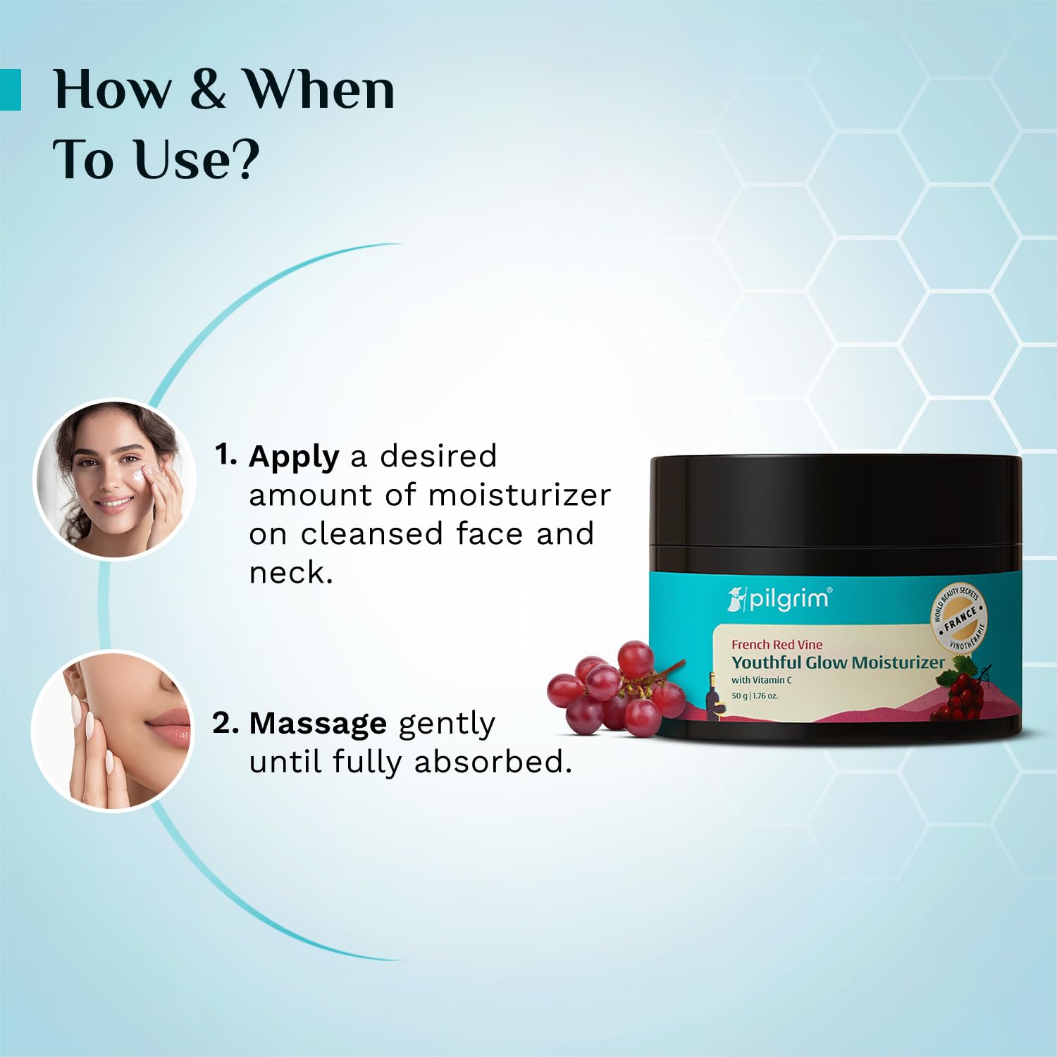 PILGRIM French Red Vine Youthful Glow Moisturizer SPF 30 with Vitamin C, Rosehip Oil For Anti Ageing, Sun Protection PA+++, Daily Use, Dry, Oily, Combination Skin, Men & Women, 50g