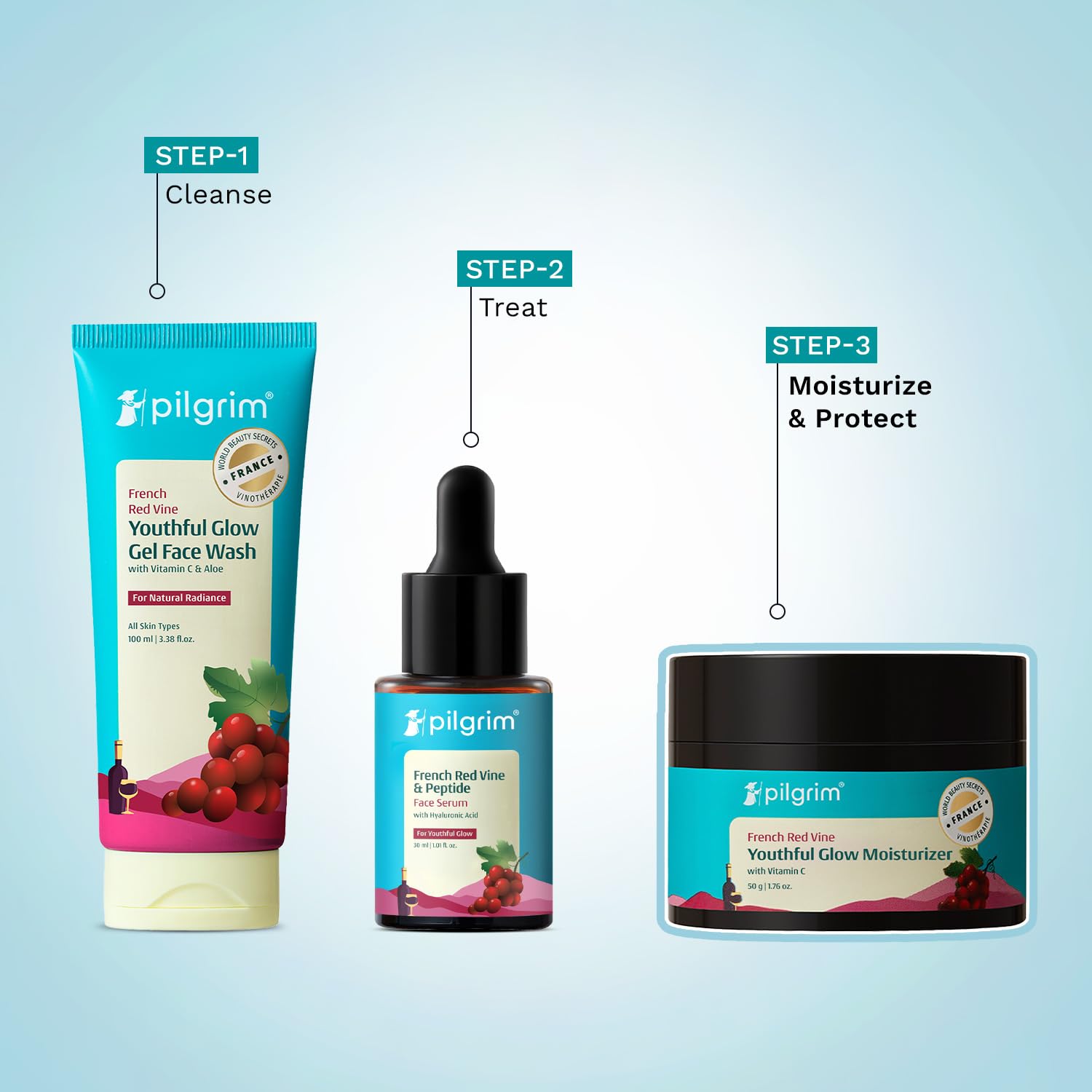 PILGRIM French Red Vine Youthful Glow Moisturizer SPF 30 with Vitamin C, Rosehip Oil For Anti Ageing, Sun Protection PA+++, Daily Use, Dry, Oily, Combination Skin, Men & Women, 50g