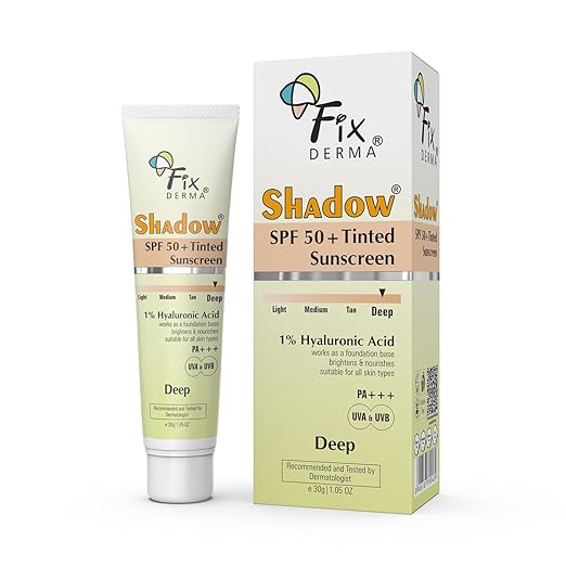 Fixderma Shadow Tinted Sunscreen Medium SPF 50 PA+++ | 1% Hyaluronic Acid & Vitamin E | Brightens & Nourishes the Skin | UVA & UVB Protection | Lightweight | No White Cast | For All Skin Types - 30gm