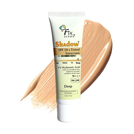 Fixderma Shadow Tinted Sunscreen Medium SPF 50 PA+++ | 1% Hyaluronic Acid & Vitamin E | Brightens & Nourishes the Skin | UVA & UVB Protection | Lightweight | No White Cast | For All Skin Types - 30gm