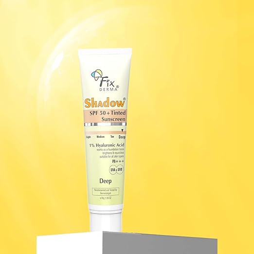 Fixderma Shadow Tinted Sunscreen Medium SPF 50 PA+++ | 1% Hyaluronic Acid & Vitamin E | Brightens & Nourishes the Skin | UVA & UVB Protection | Lightweight | No White Cast | For All Skin Types - 30gm