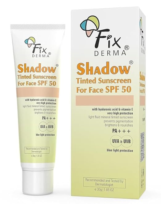 Fixderma Shadow Tinted Sunscreen Medium SPF 50 PA+++ | 1% Hyaluronic Acid & Vitamin E | Brightens & Nourishes the Skin | UVA & UVB Protection | Lightweight | No White Cast | For All Skin Types - 30gm