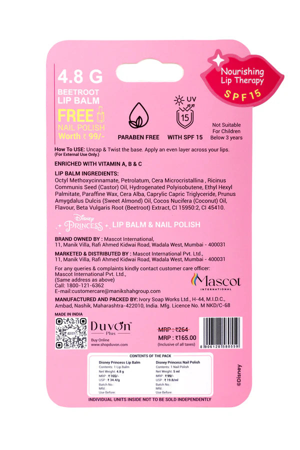 Duvon Plus Disney Princess Lip Balm & Nail Polish | Royal Glam Duo