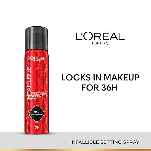 L'Oreal Paris Infaillible 3-Second Setting Mist, Transfer-proof & Waterproof Setting Spray, Quick drying, 75ml
