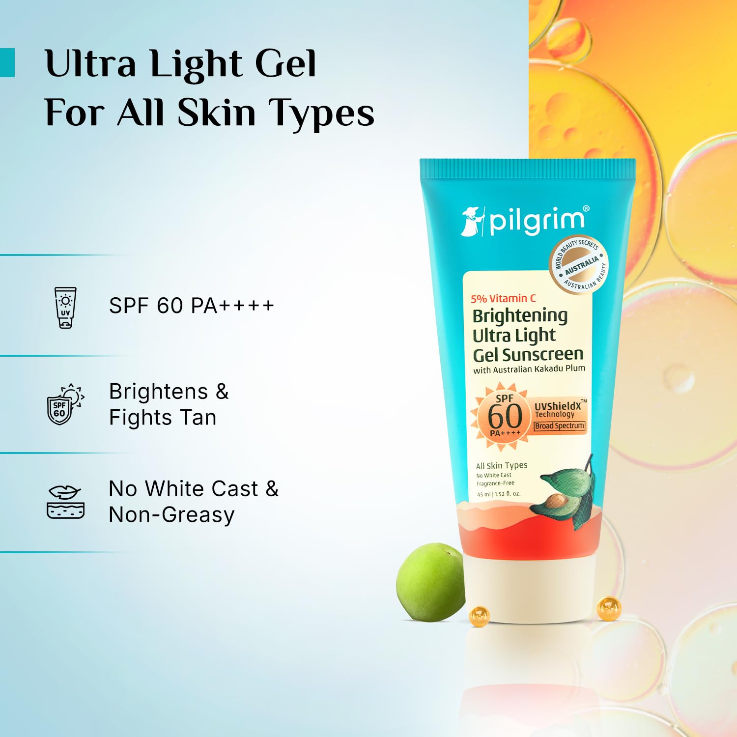 Pilgrim 5% Vitamin C Brightening Ultra Light Gel Sunscreen SPF 60 PA++++ 45ml
